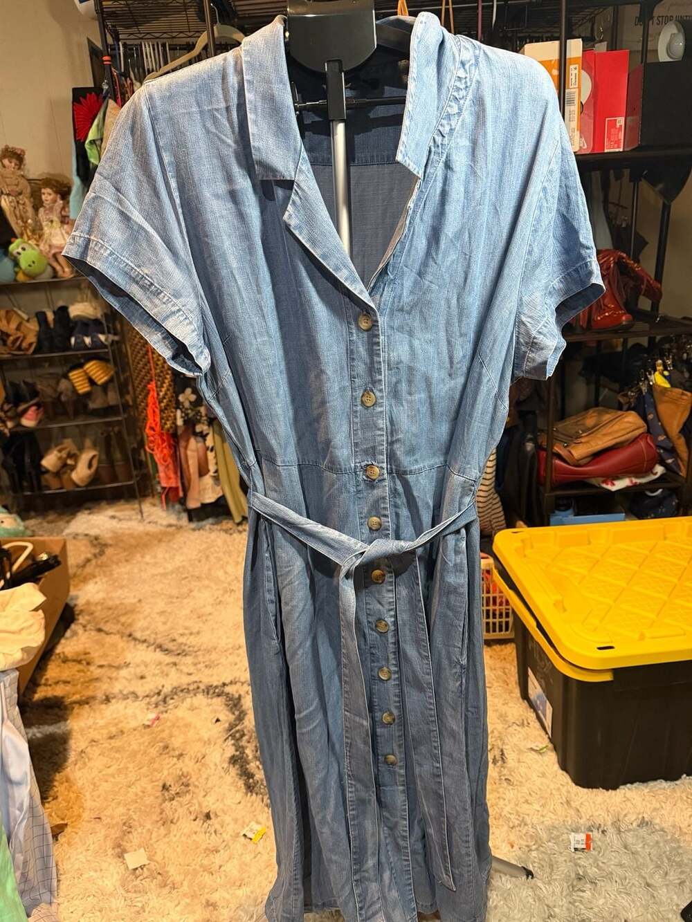 Quince Chambray Short Sleeve Belted Button Front Midi Shirt Dress Size XL
